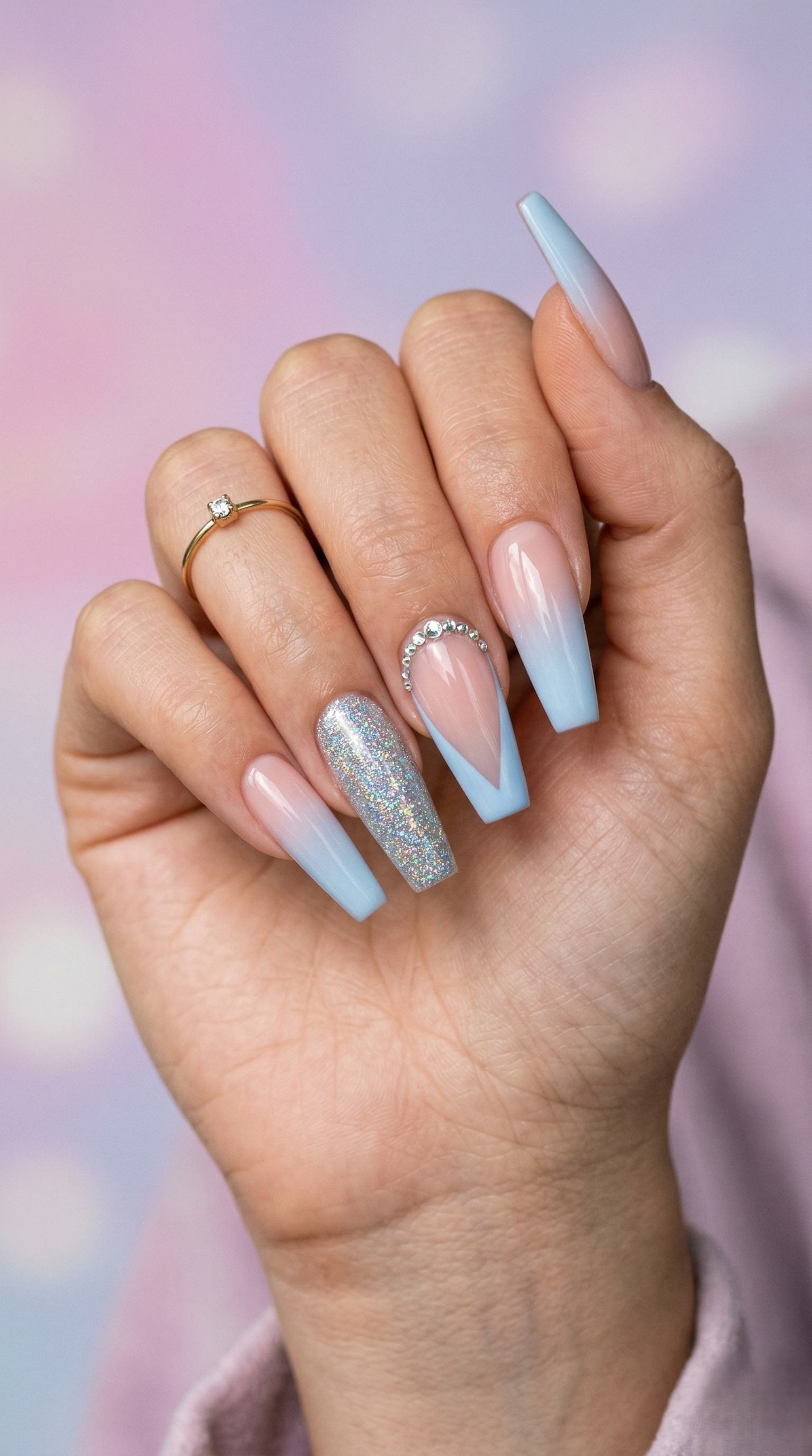 Baby Blue Ombre Coffin Nails with Rhinestone V-Tip and Holographic Glitter
