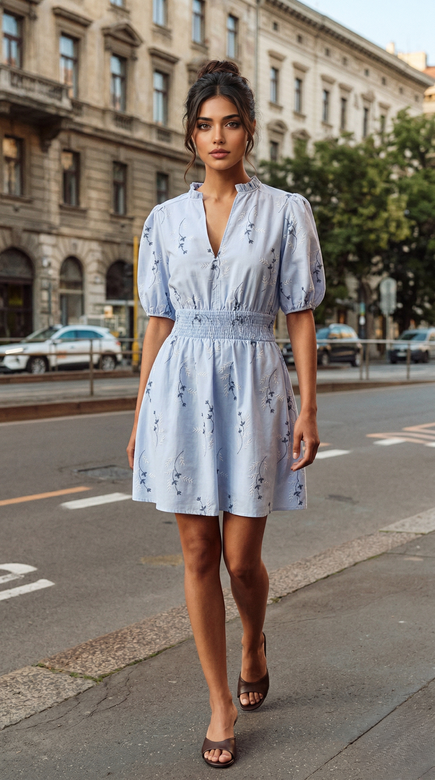 Woman wearing a blue floral mini dress and brown mules on a European street