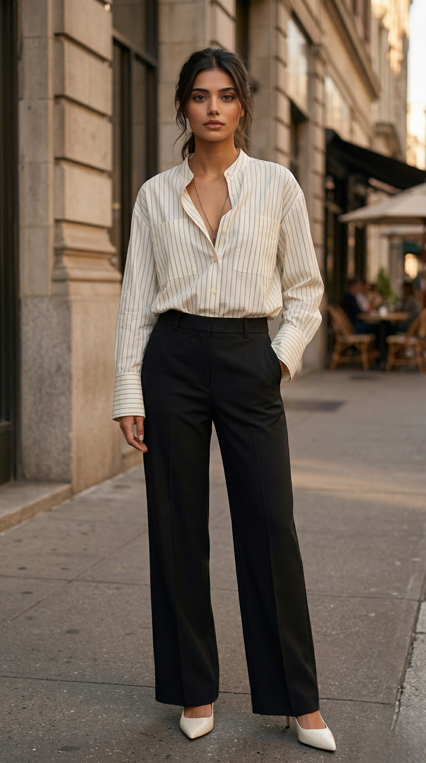 Minimalist office outfit ideas for women featuring a striped shirt and black wide leg trousers