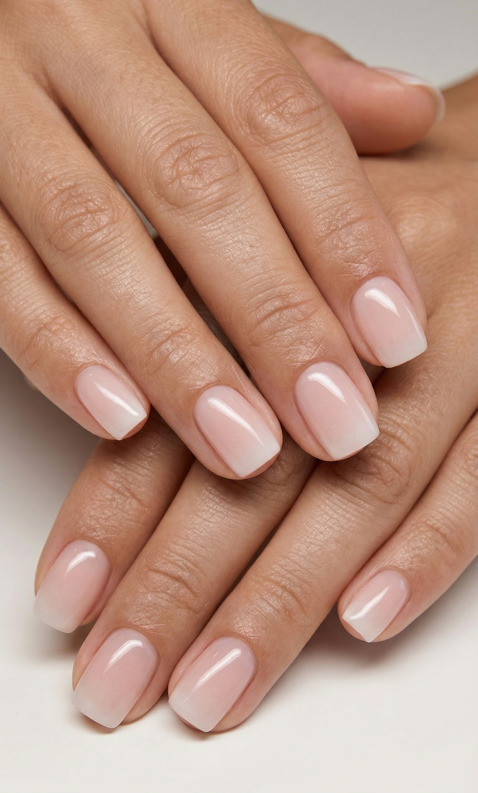 Soft pink ombre blush short square press-on nails perfect for weddings