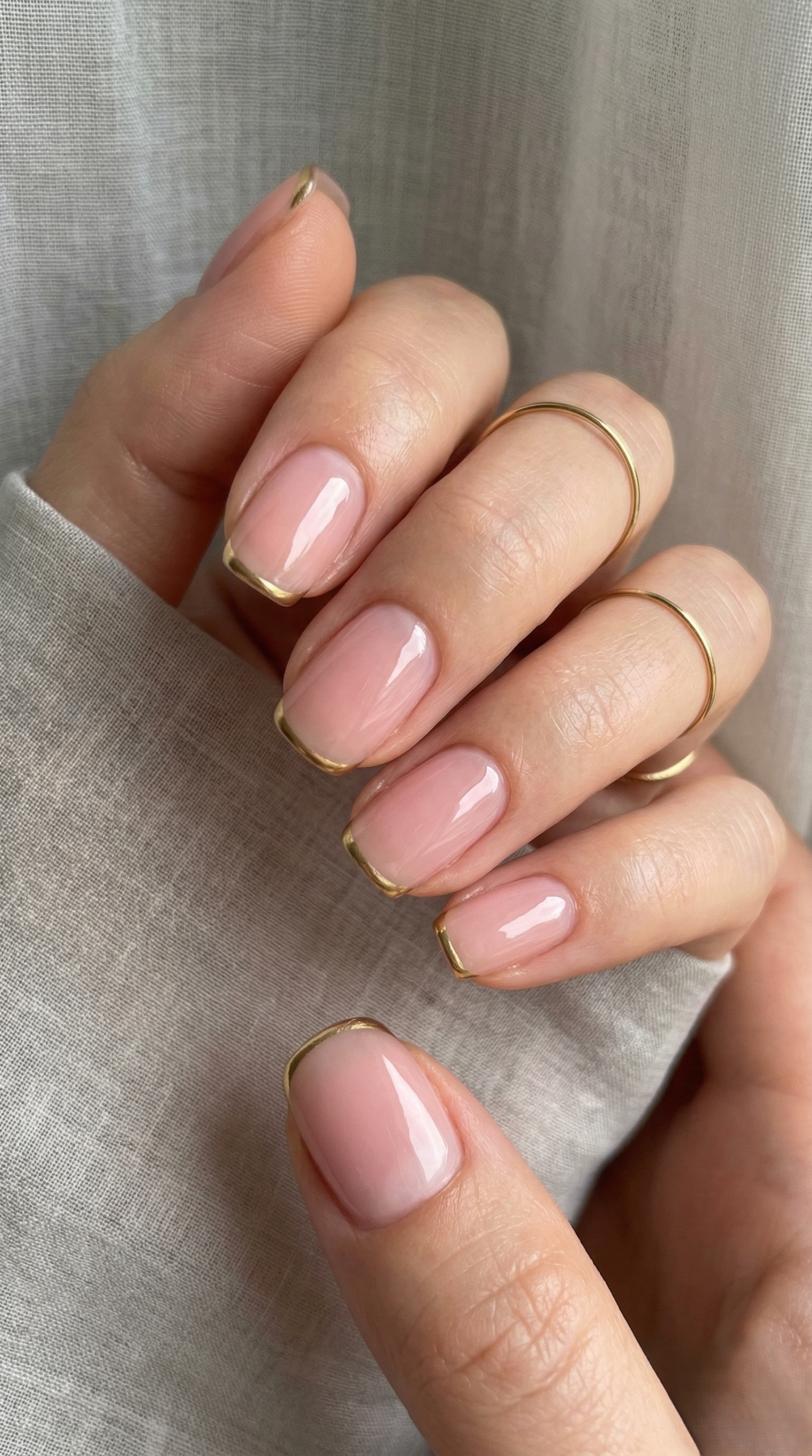 Nude pink press-on nails with thin gold metallic french tip