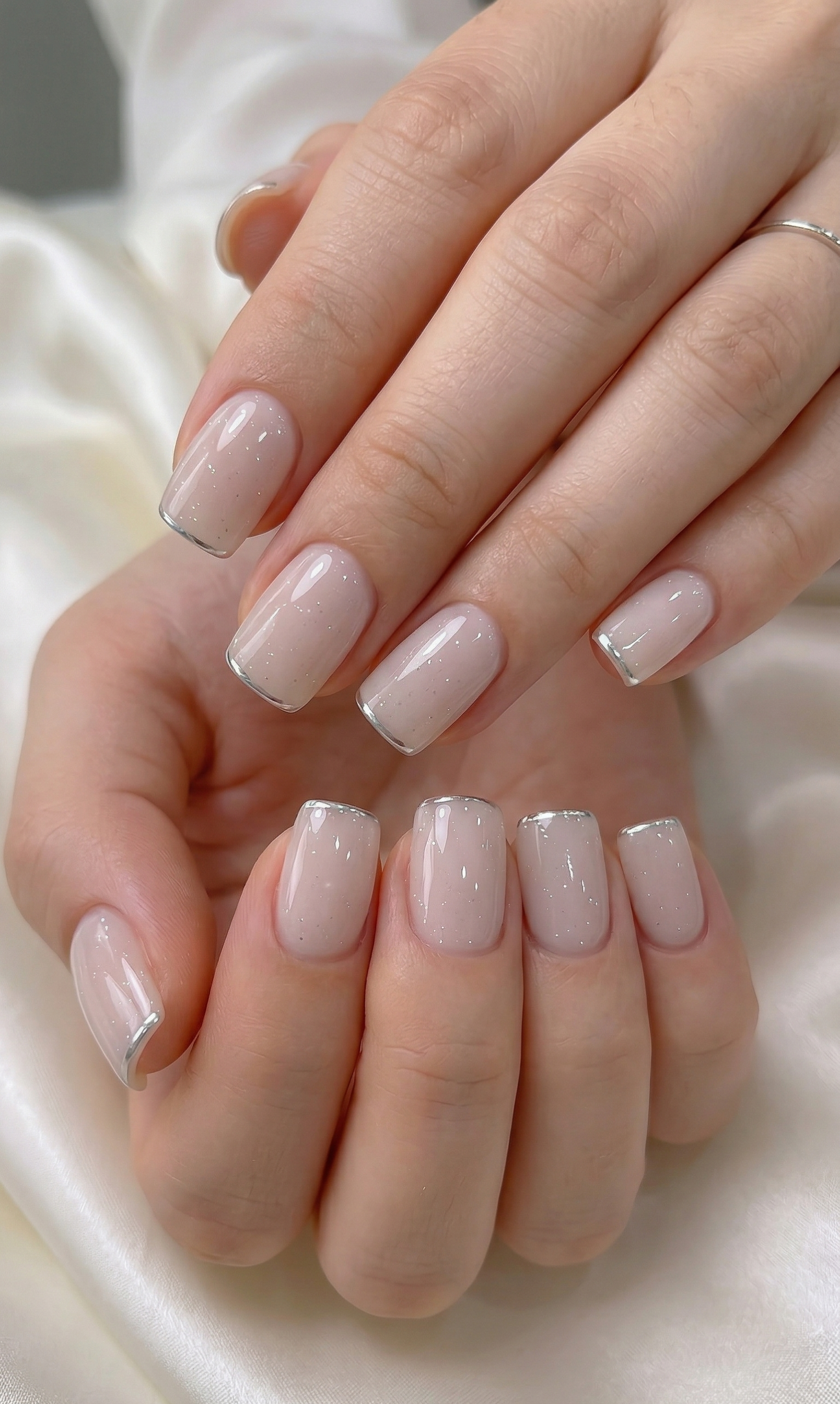 Milky shimmer press-on nails with silver chrome french tip