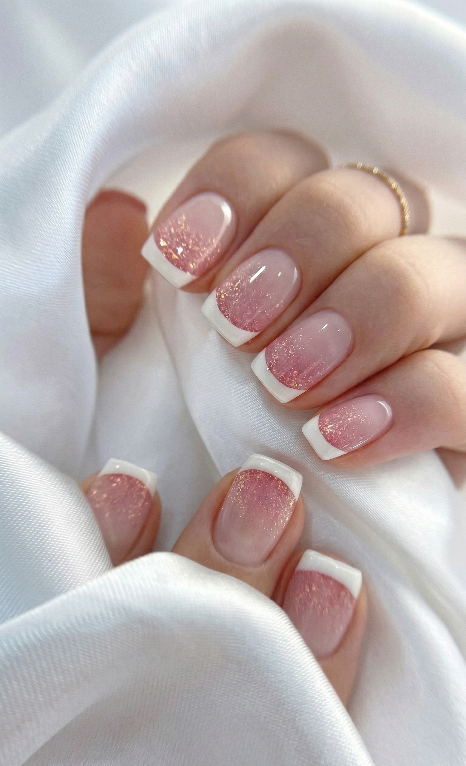 Classic white french tip press-on nails with rose gold glitter fade