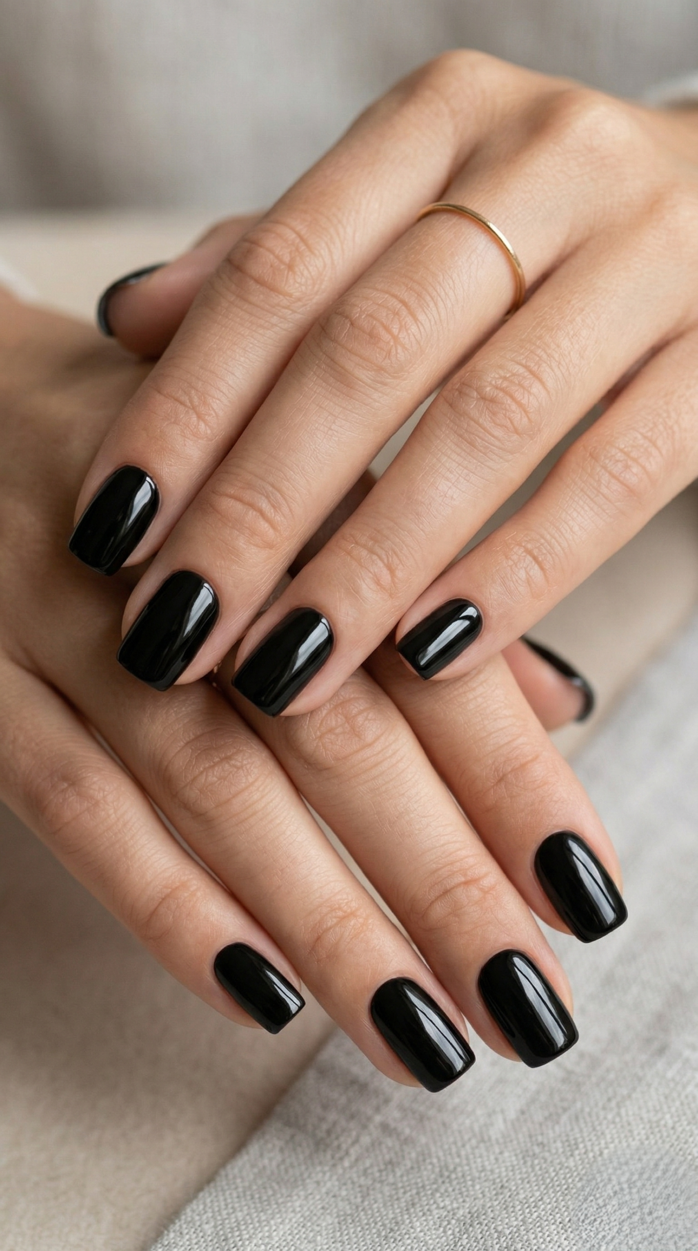 Deep jet black short square high-gloss press-on nails