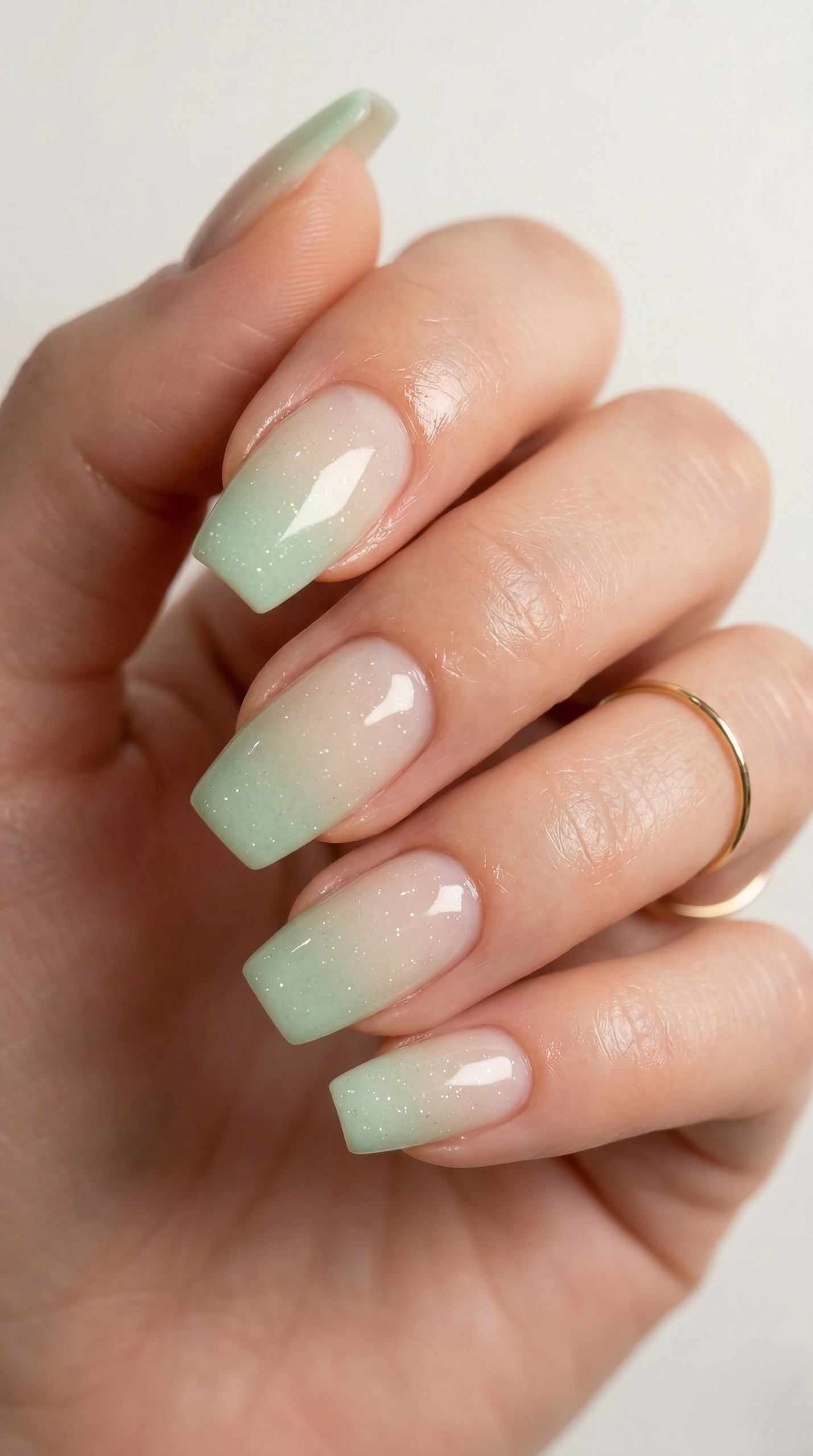 Mint green to nude ombre ballerina press-on nails with micro shimmer