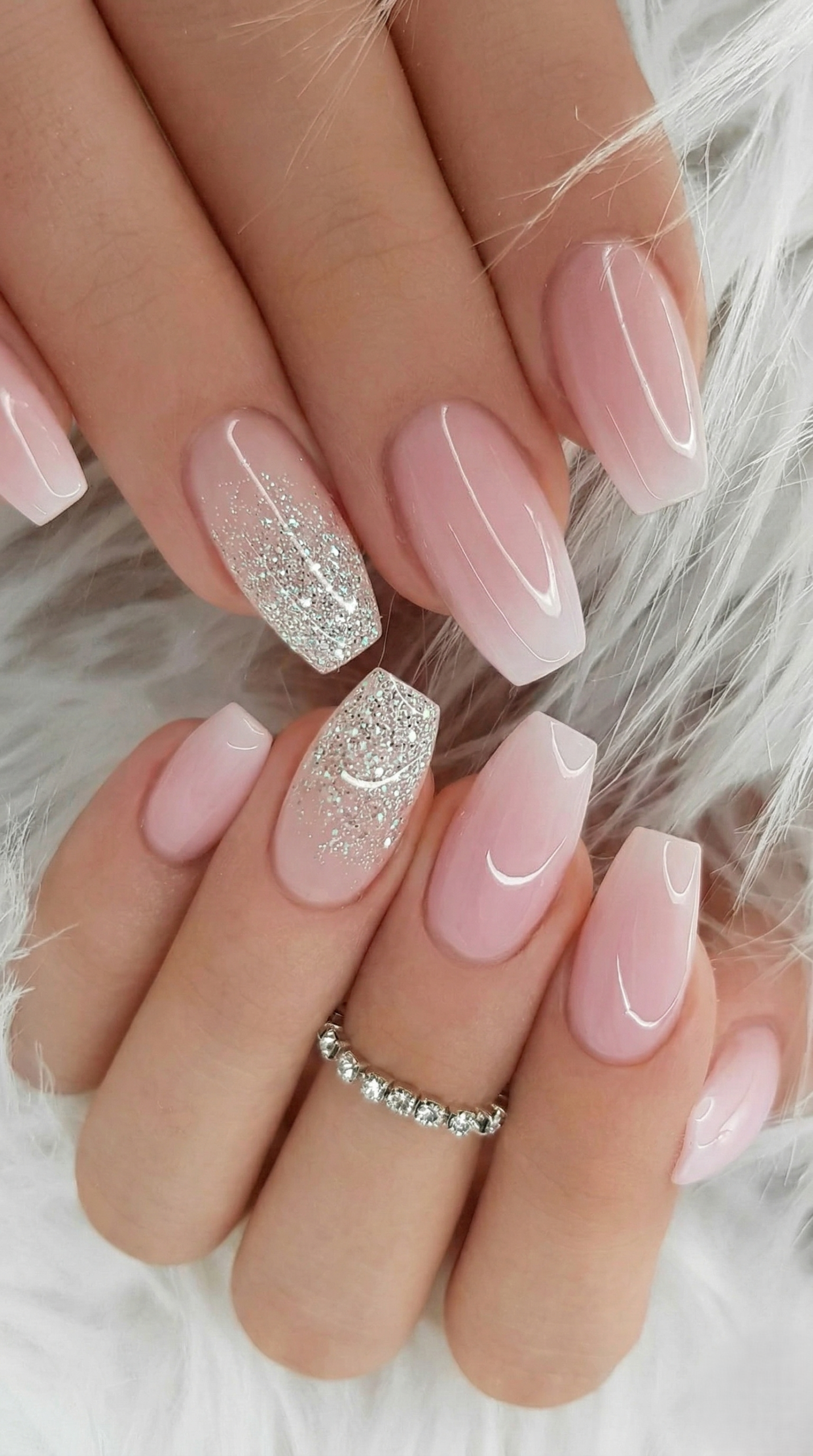 Blush pink ballerina nails with chunky silver glitter accent nails