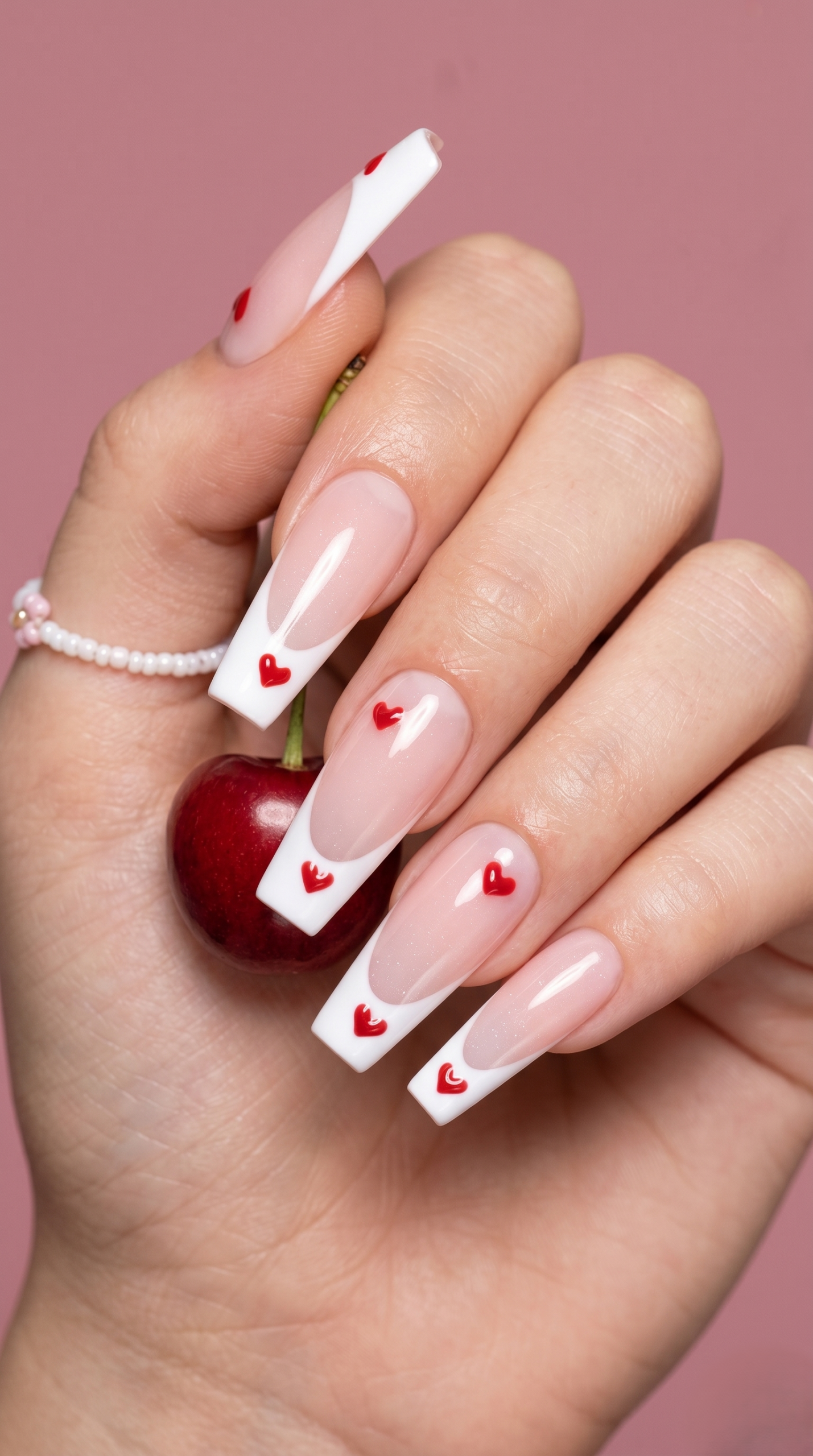 White French tip coffin nails with red 3D hearts, holding a cherry, on pink background