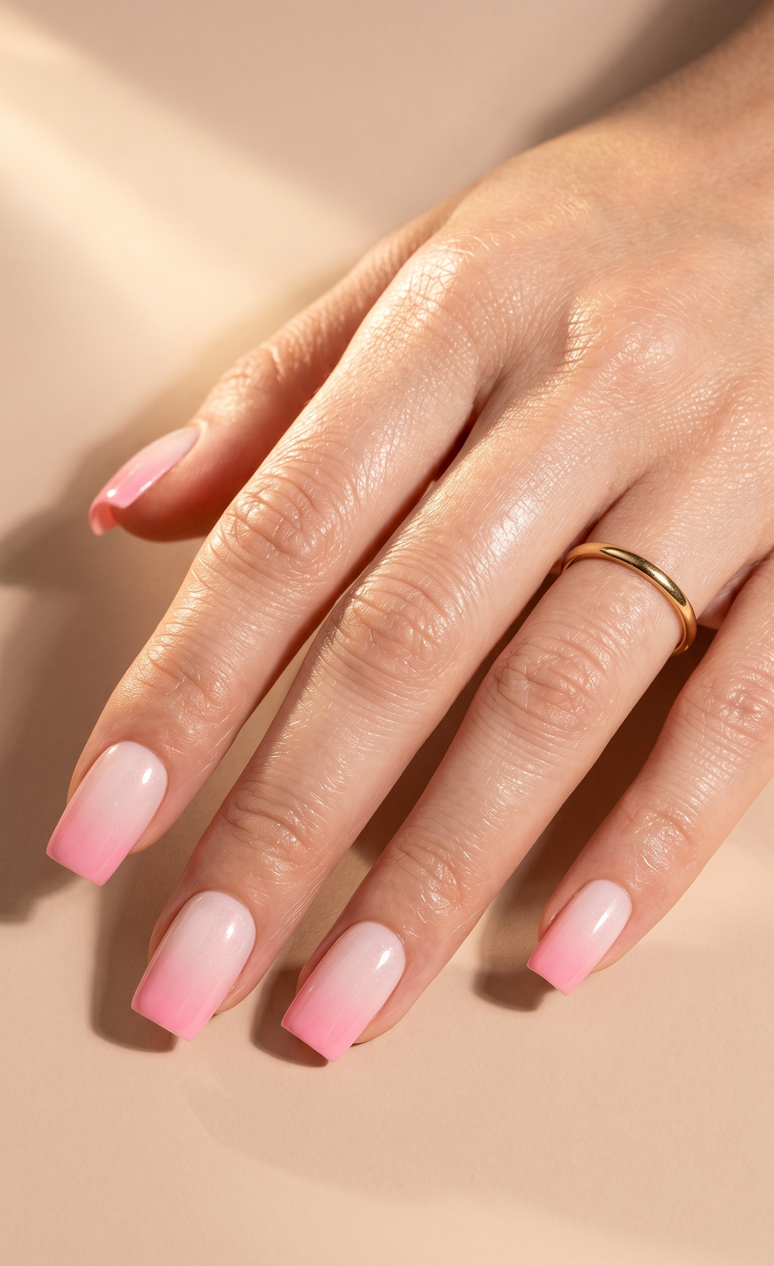 Soft pink-to-blush ombre gradient on medium square nails, warm beige background, gold ring