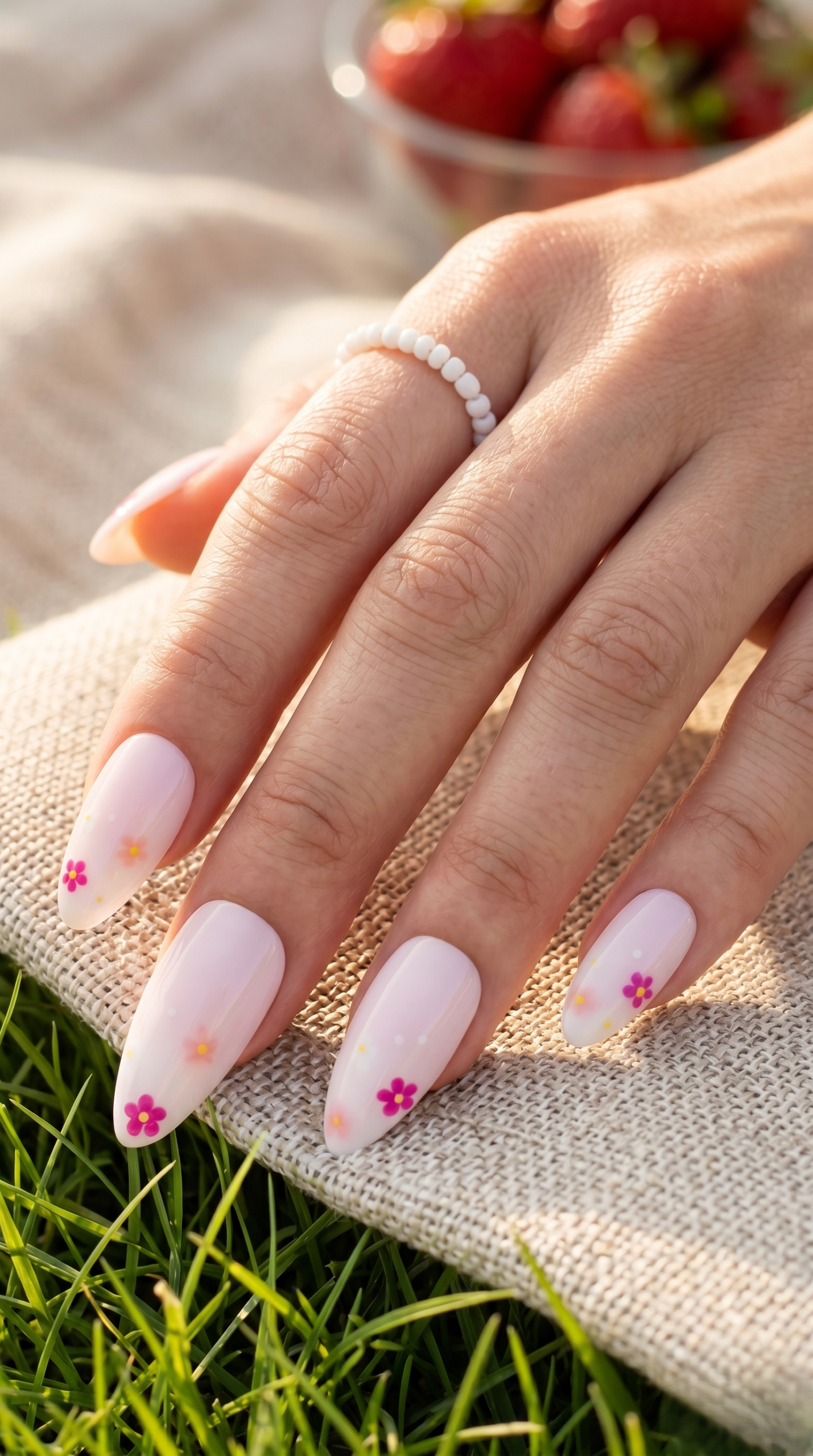 Soft milky white-pink almond nails with tiny pink daisy flowers, picnic setting