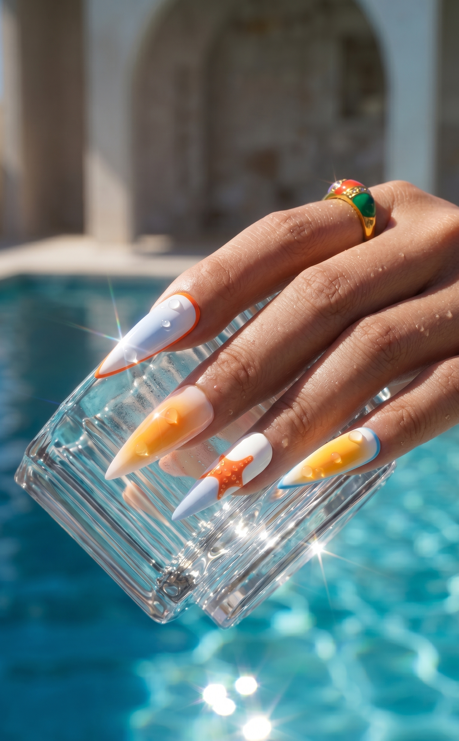Long stiletto nails with orange outlines, yellow ombre, blue swirl, starfish embellishment, poolside