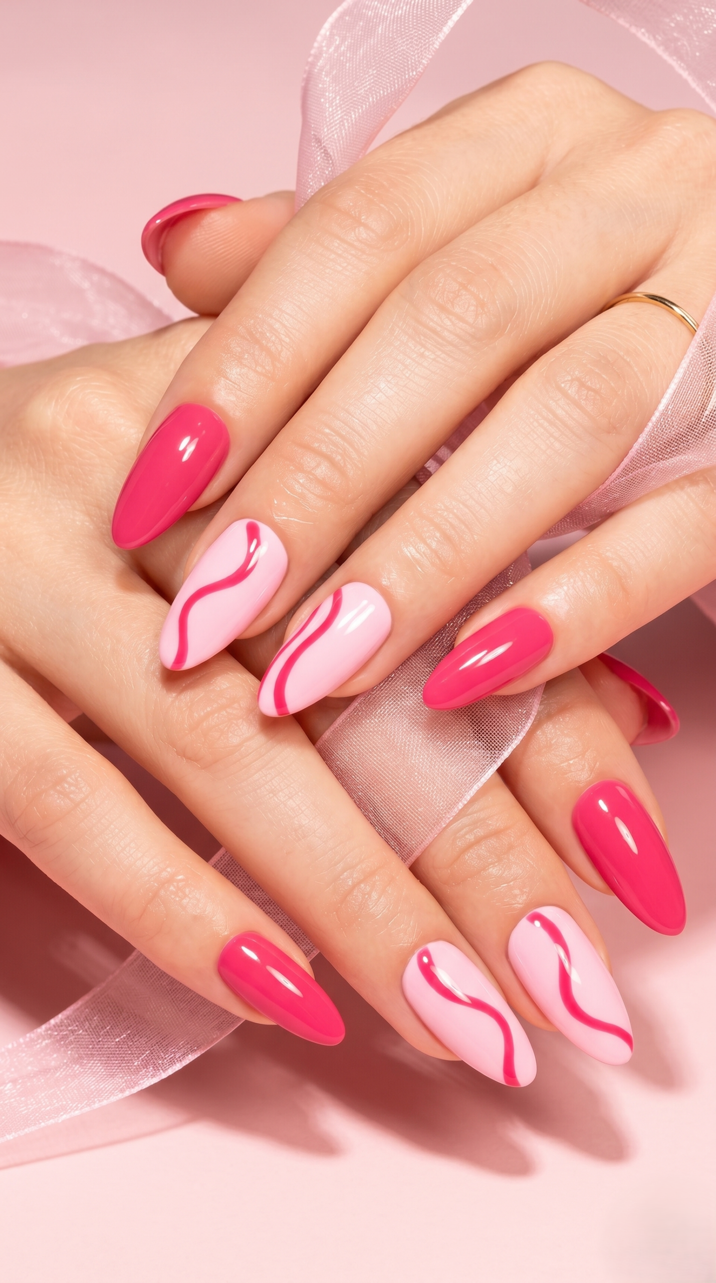 Almond nails alternating solid hot pink and soft baby pink with hot pink wavy lines