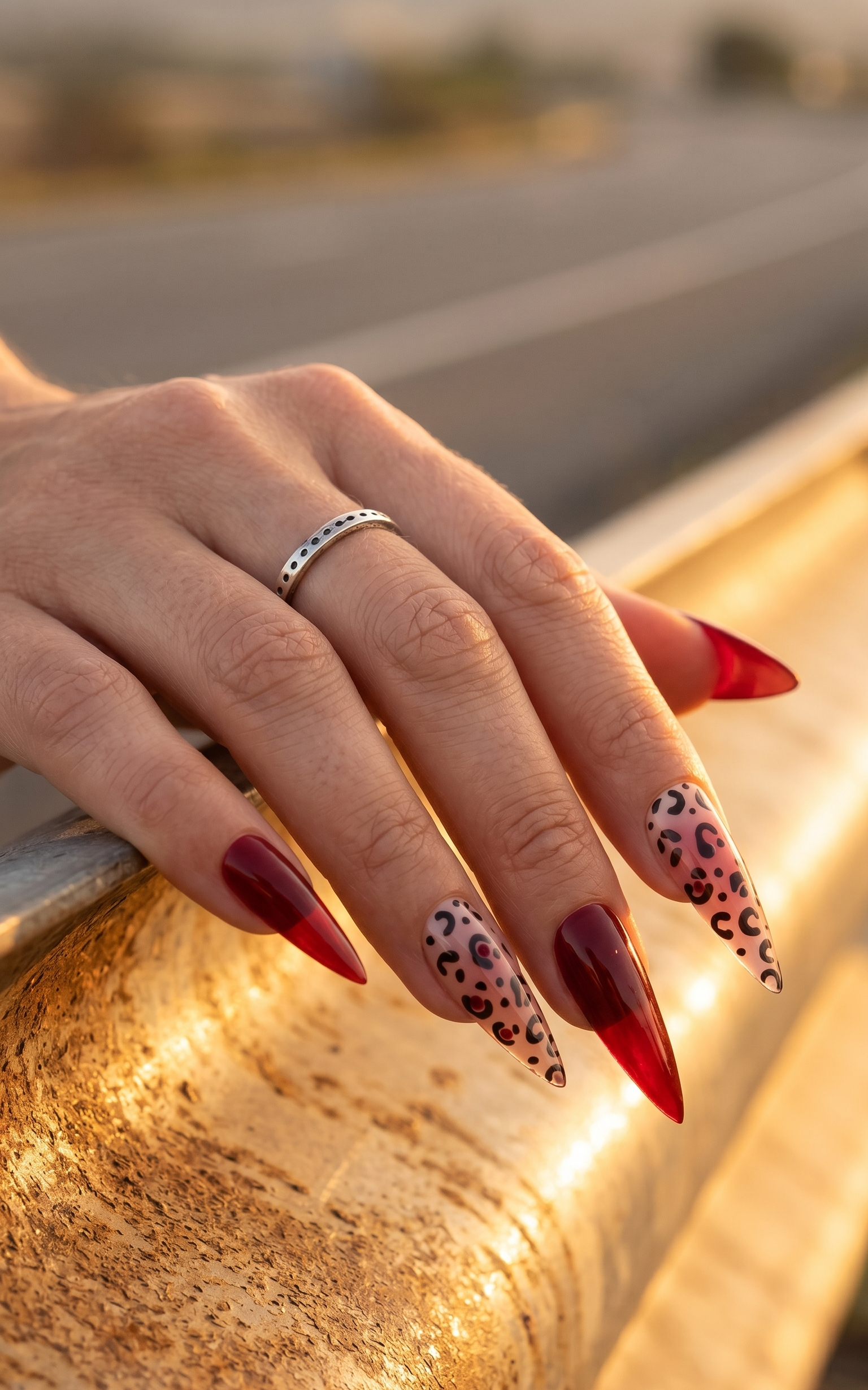 Stiletto nails alternating deep burgundy red and nude base with black/red leopard spots