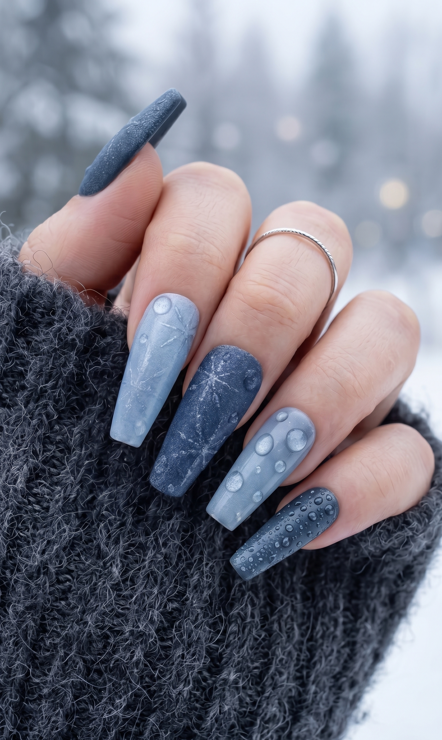 Long coffin nails in moody slate blue-gray with crackle effect and dew drops