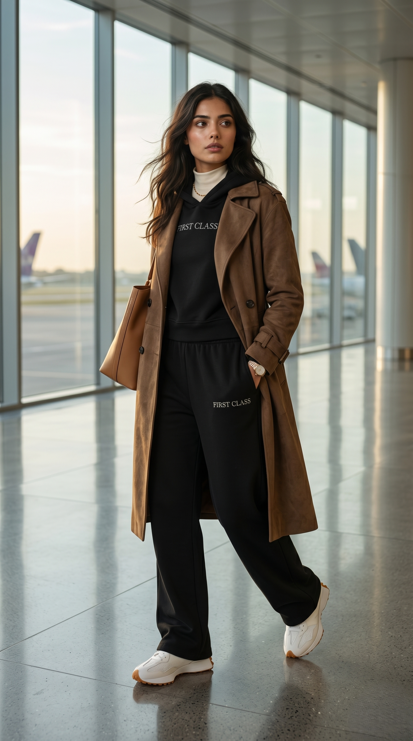 A black sweatsuit set layered under a long brown suede trench coat for a stylish winter airport outfit.