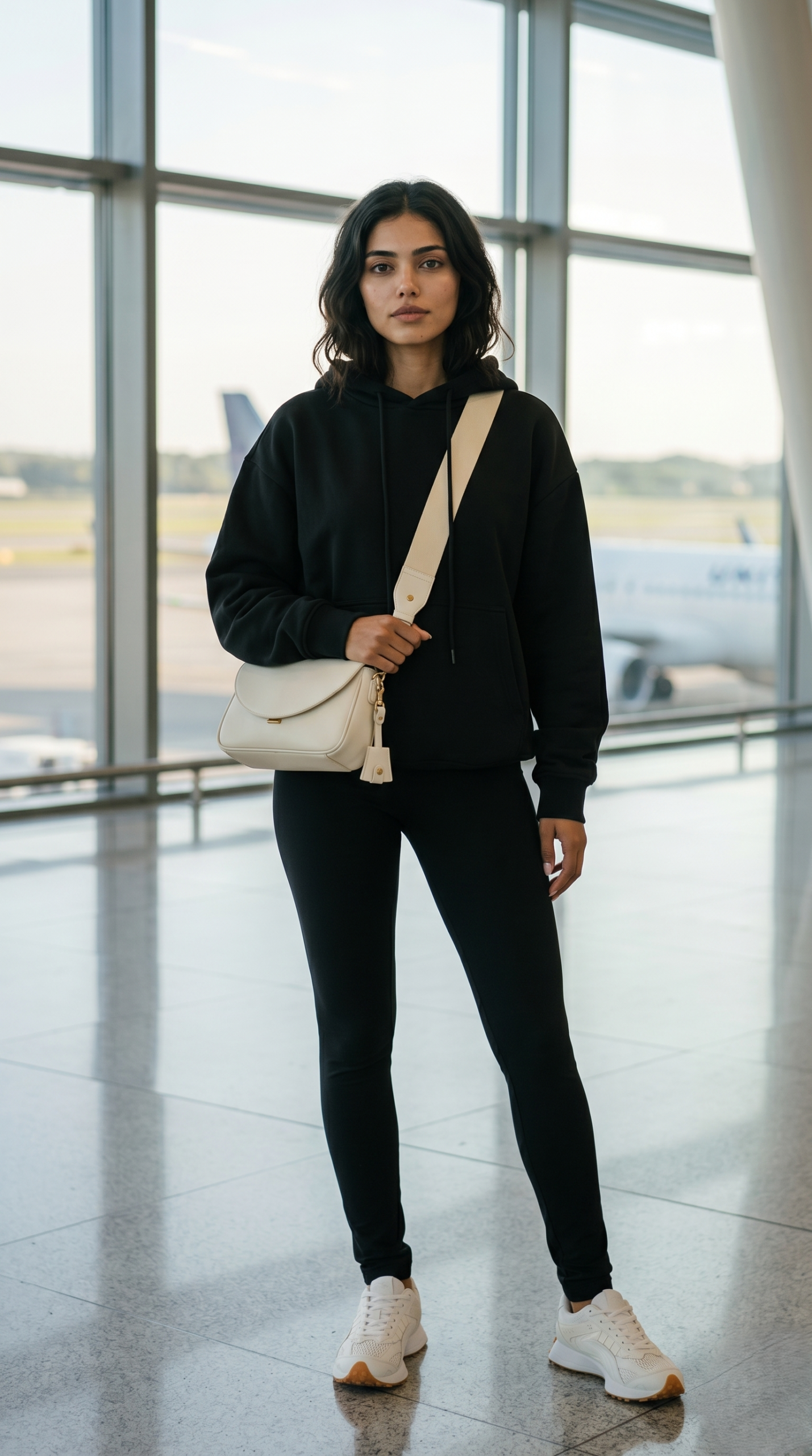 An oversized black hoodie paired with black leggings and a saddle bag.