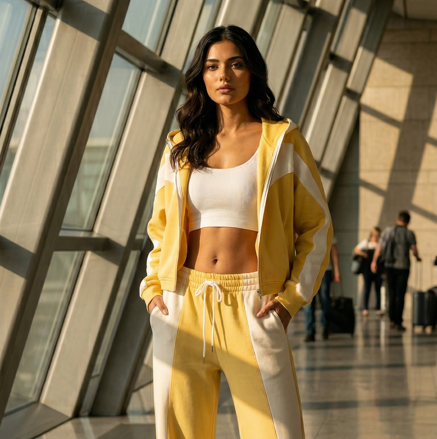 Woman in comfortable chic airport outfit