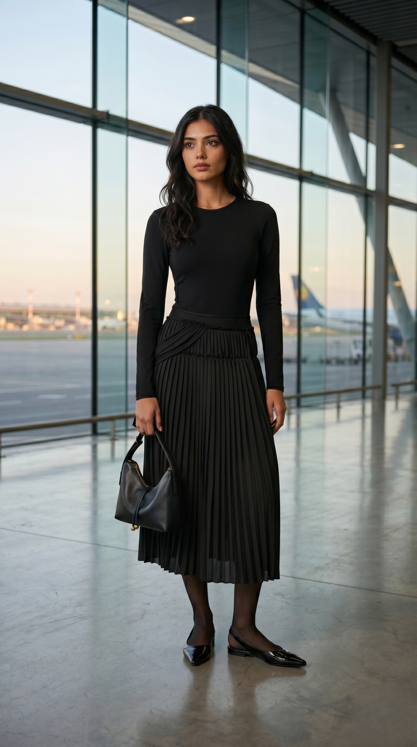 An all-black outfit featuring a long sleeve bodysuit and pleated midi skirt.