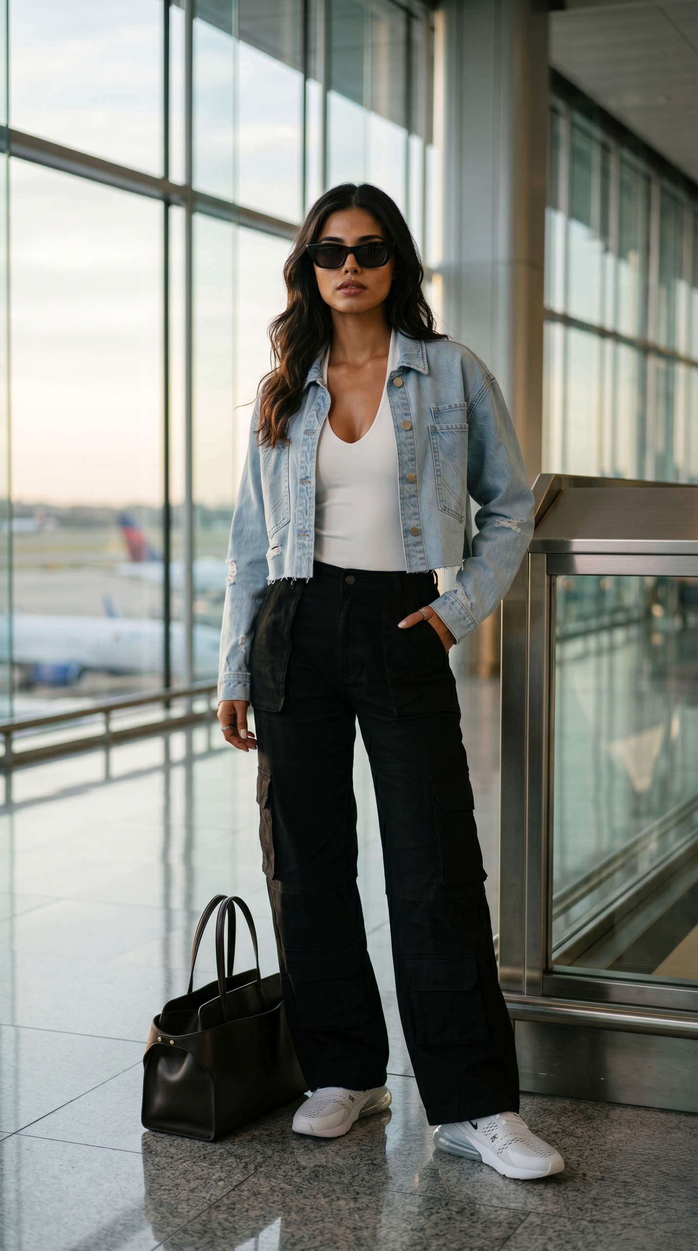A light wash crop denim shacket styled with black wide leg cargo pants and white sneakers.