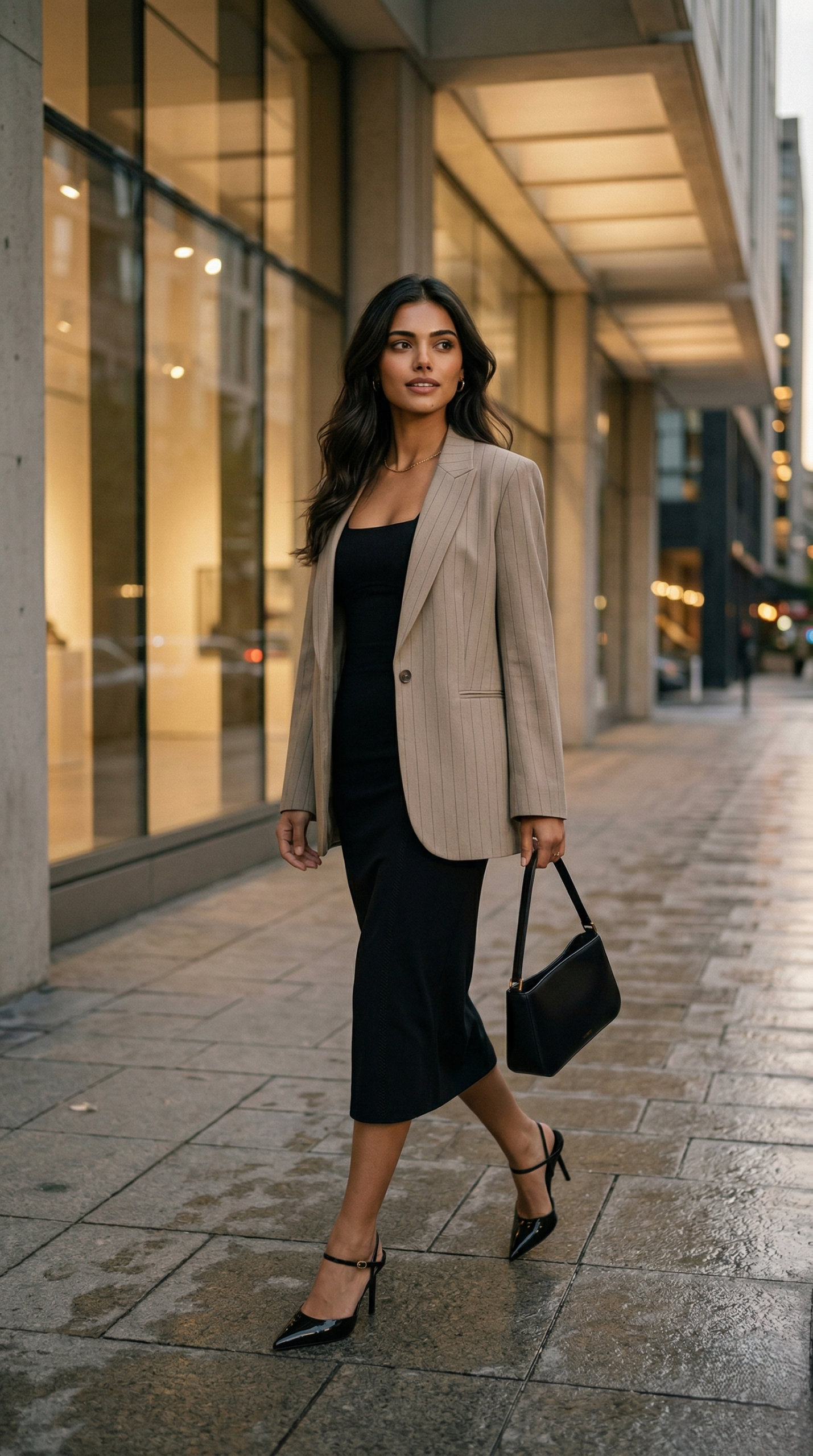 Woman walking in a fitted black midi dress under a beige pinstripe blazer