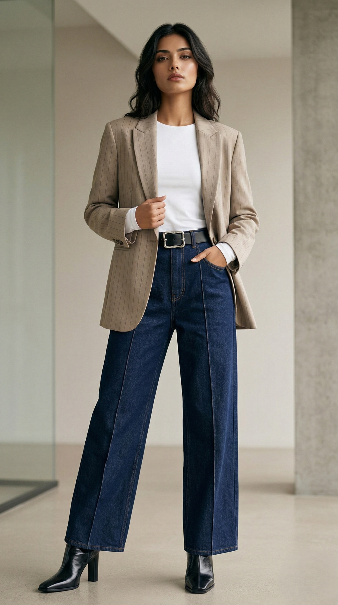 Woman wearing a beige pinstripe blazer with dark wash bootcut jeans and black boots