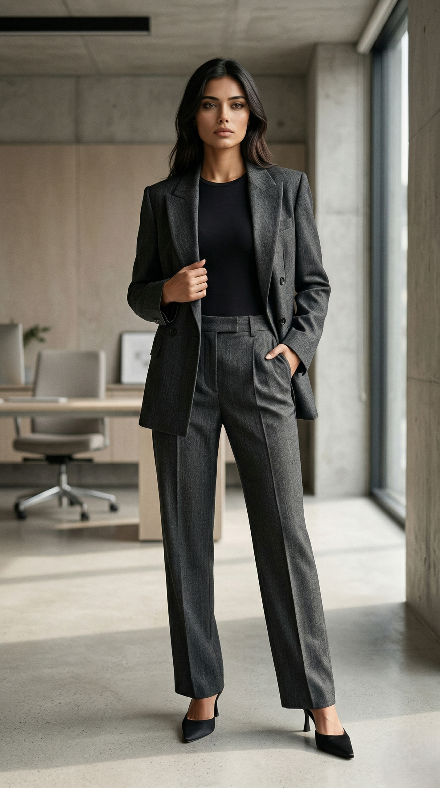 Professional woman in a modern office wearing an oversized charcoal grey double-breasted suit