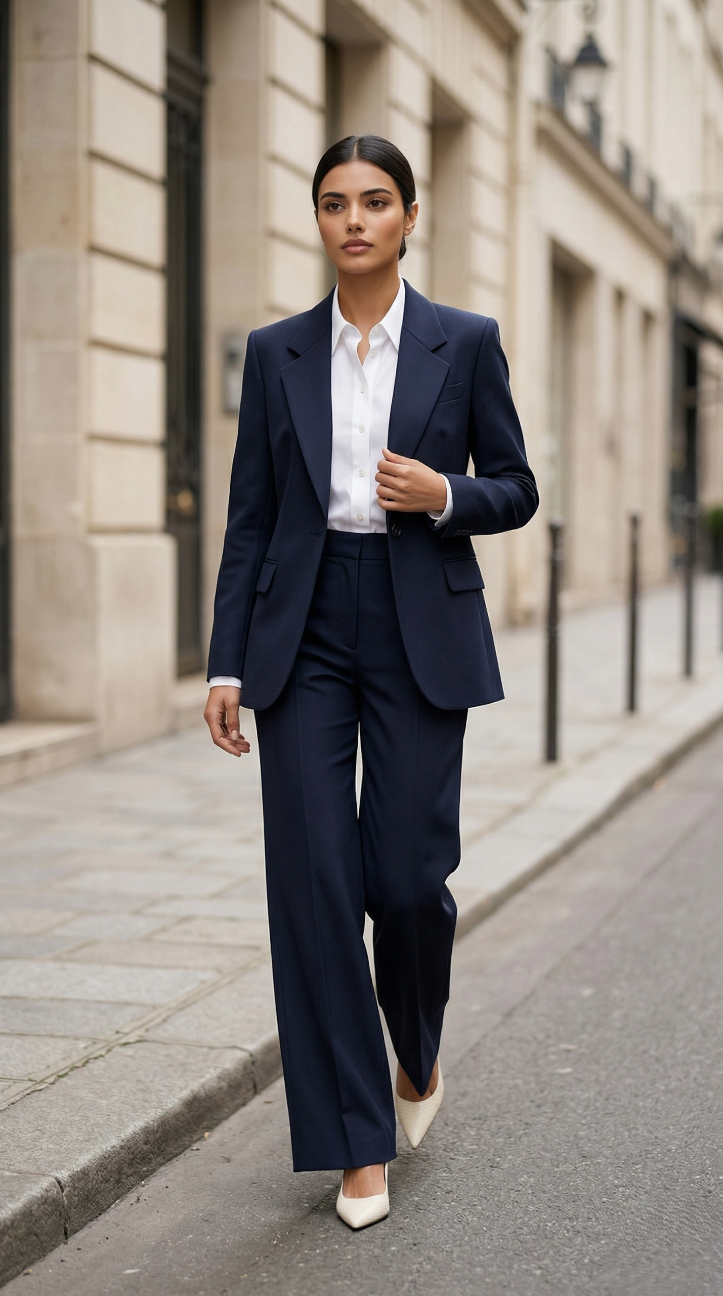 Professional woman in a classic navy blue herringbone linen suit