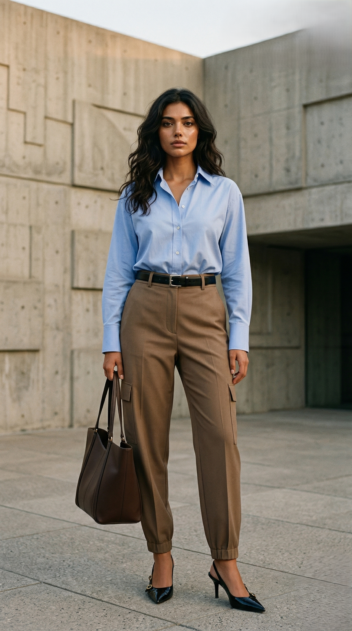Light blue oxford shirt tucked into khaki cargo tailored trousers