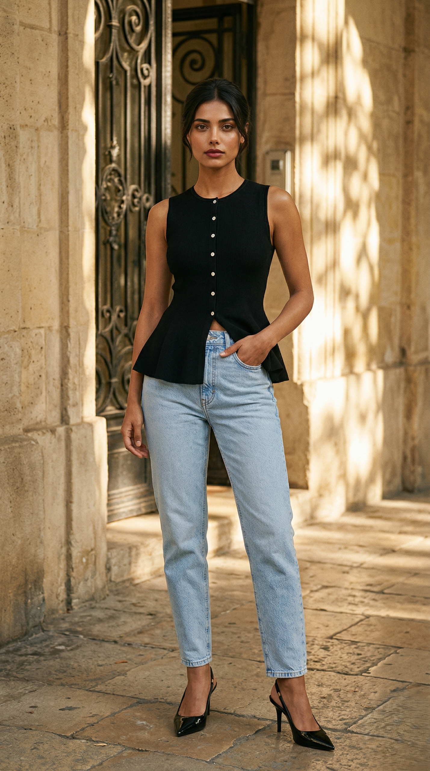 Black ribbed sleeveless peplum button front top with light wash mom jeans