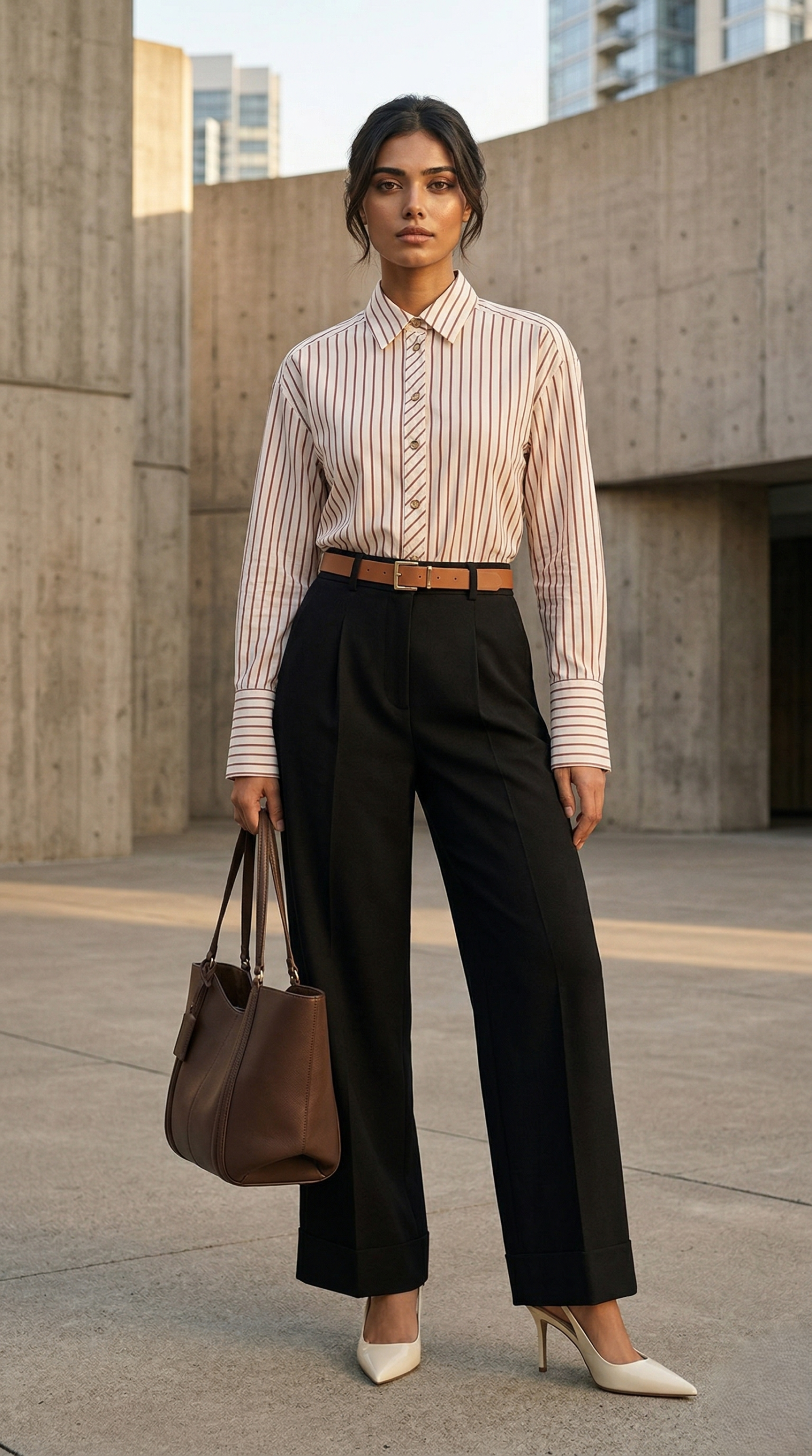 Cream striped shirt with wide contrast cuffs and black cuffed hem wide leg trousers