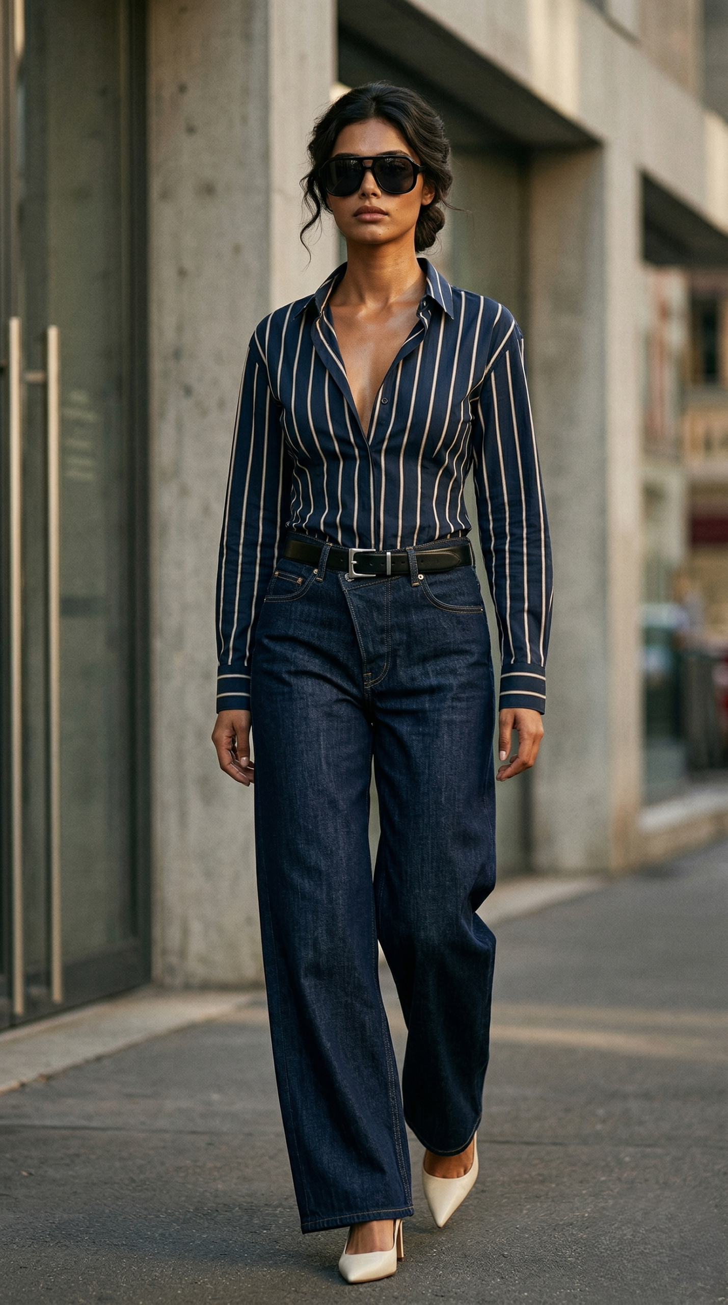Navy blue striped poplin open collar shirt with relaxed pleated dark indigo jeans
