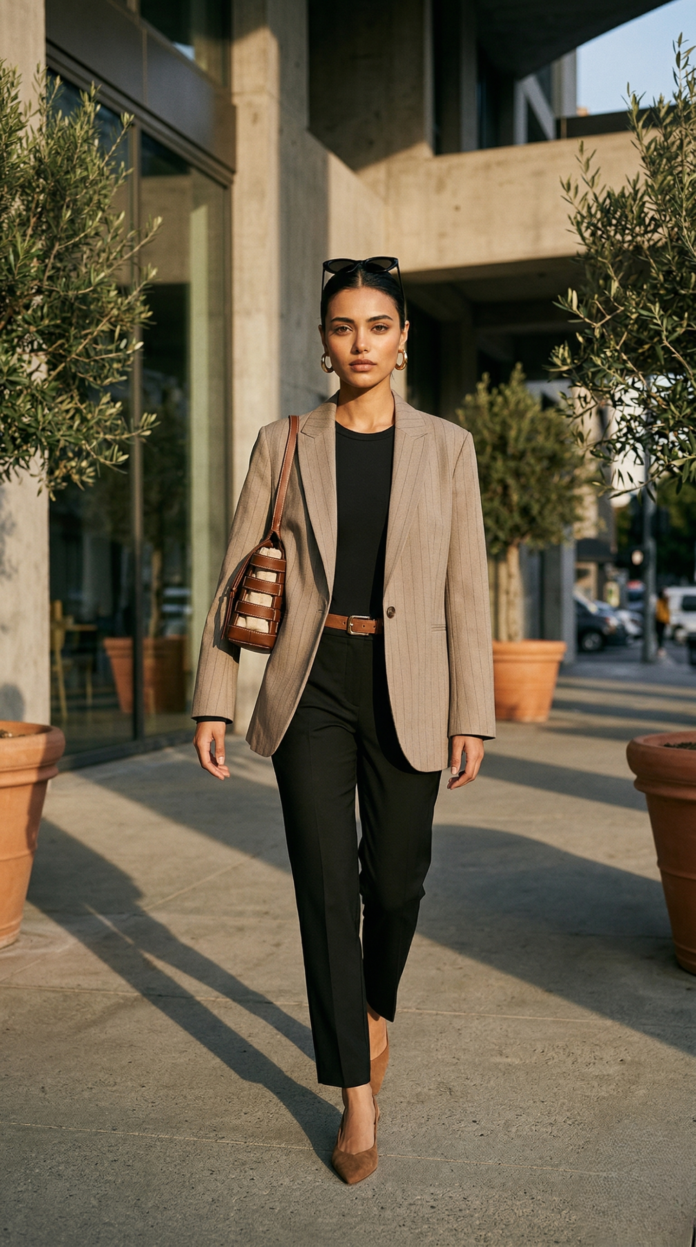 Woman walking in pinstripe blazer and black trousers
