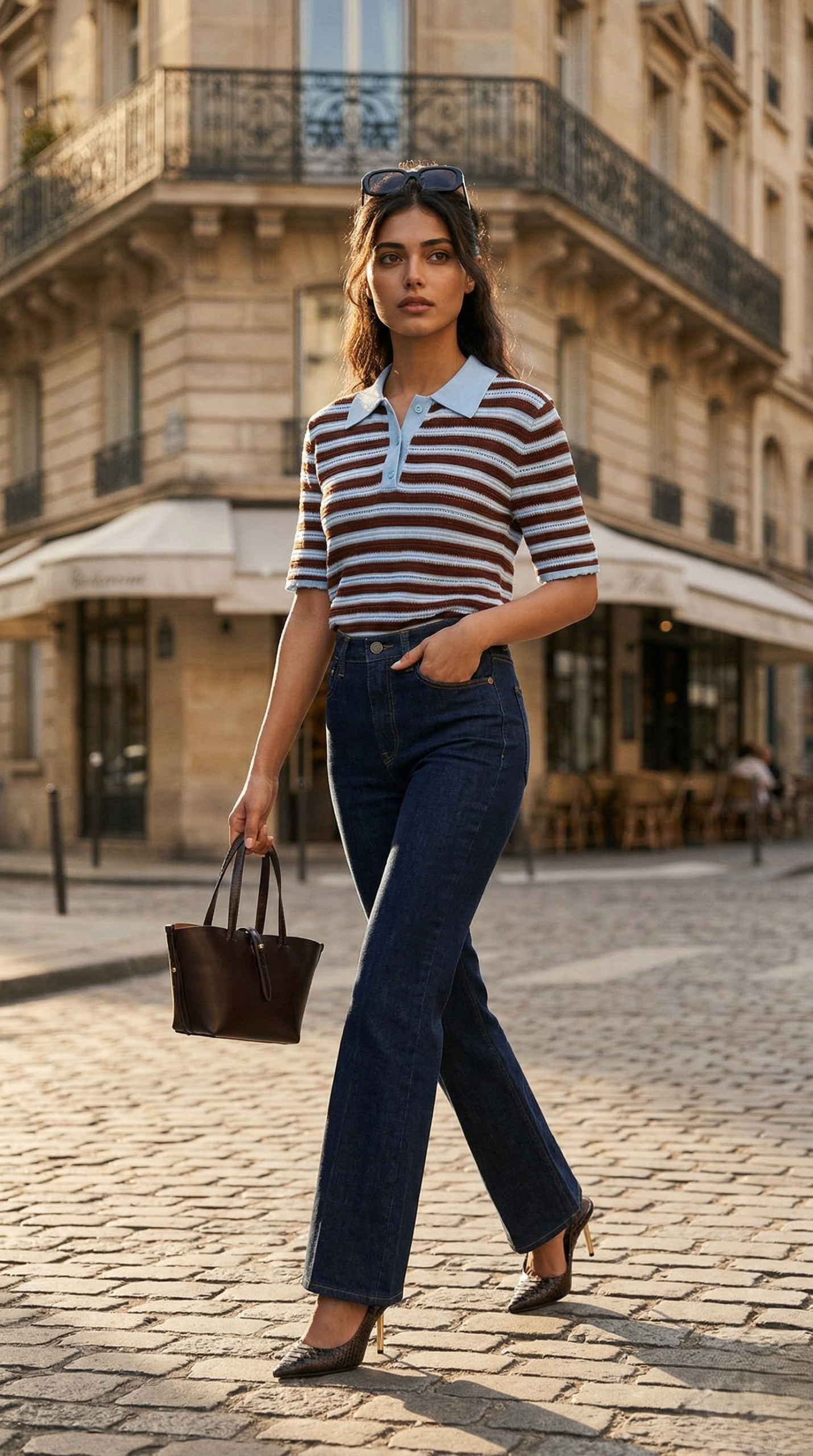Woman wearing a striped knit polo and dark flare jeans walking in Le Marais Paris