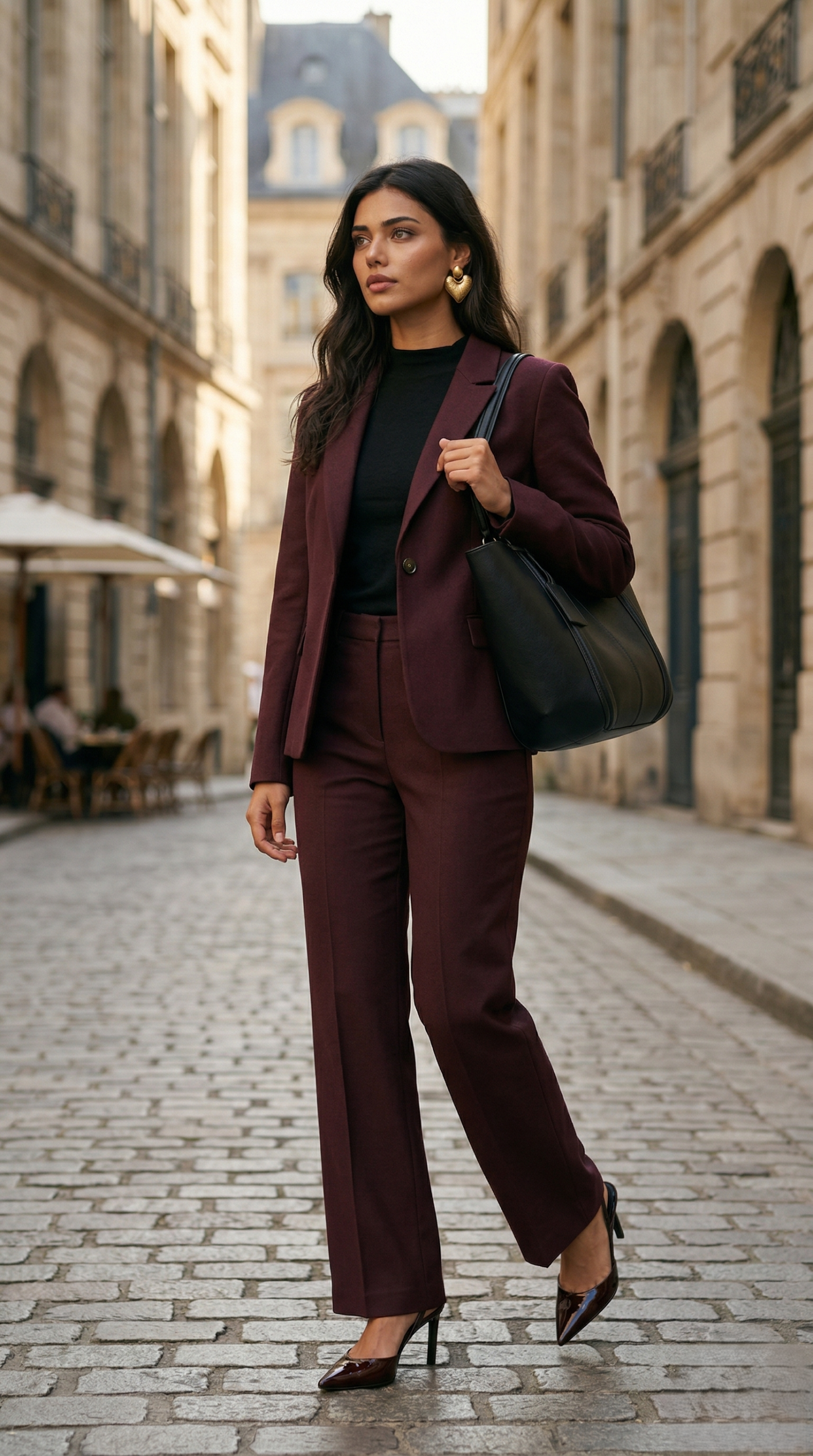Woman wearing a tailored burgundy formal office suit with wide leg trousers