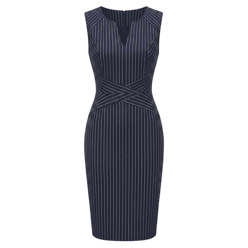 Navy pinstripe sheath dress