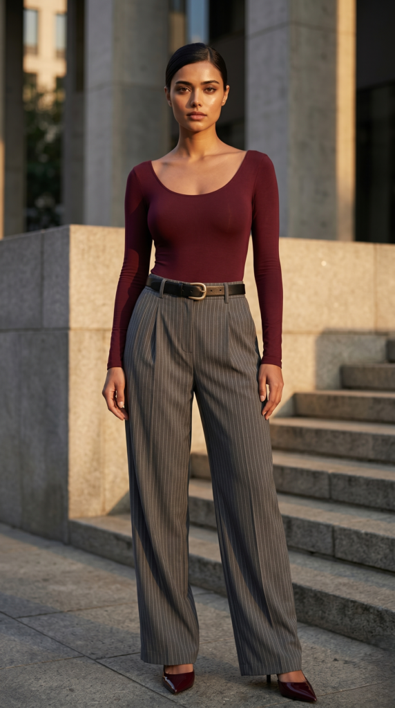 burgundy top and grey pinstripe trousers monochrome office outfits 2026
