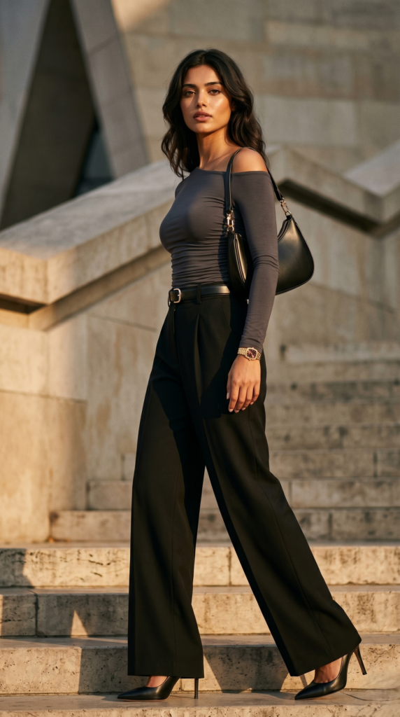 charcoal grey off-shoulder top and black wide-leg trousers monochrome office outfits 2026