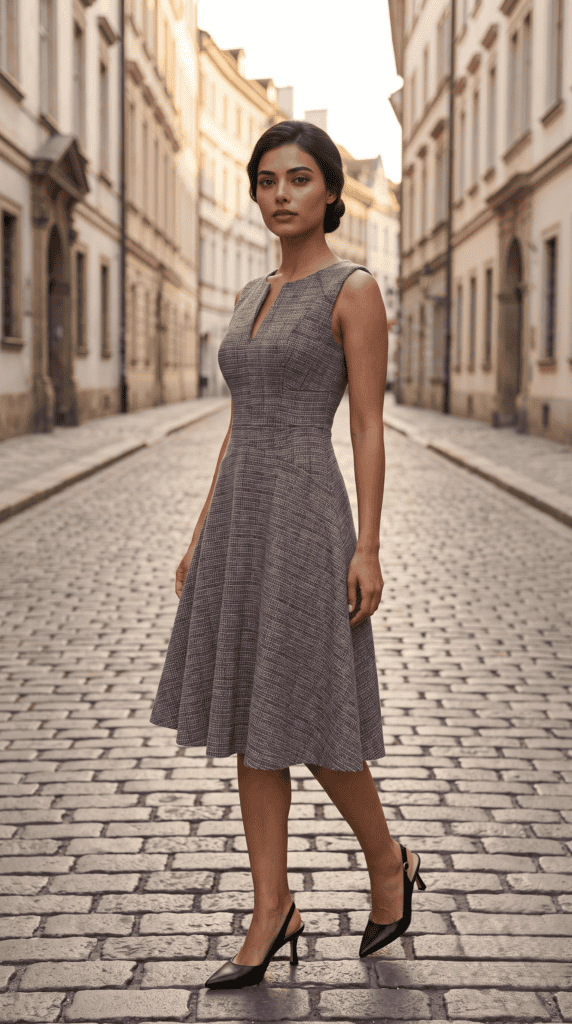 Kia wearing a mauve plaid fit-and-flare midi dress with slingback heels, business casual office dress