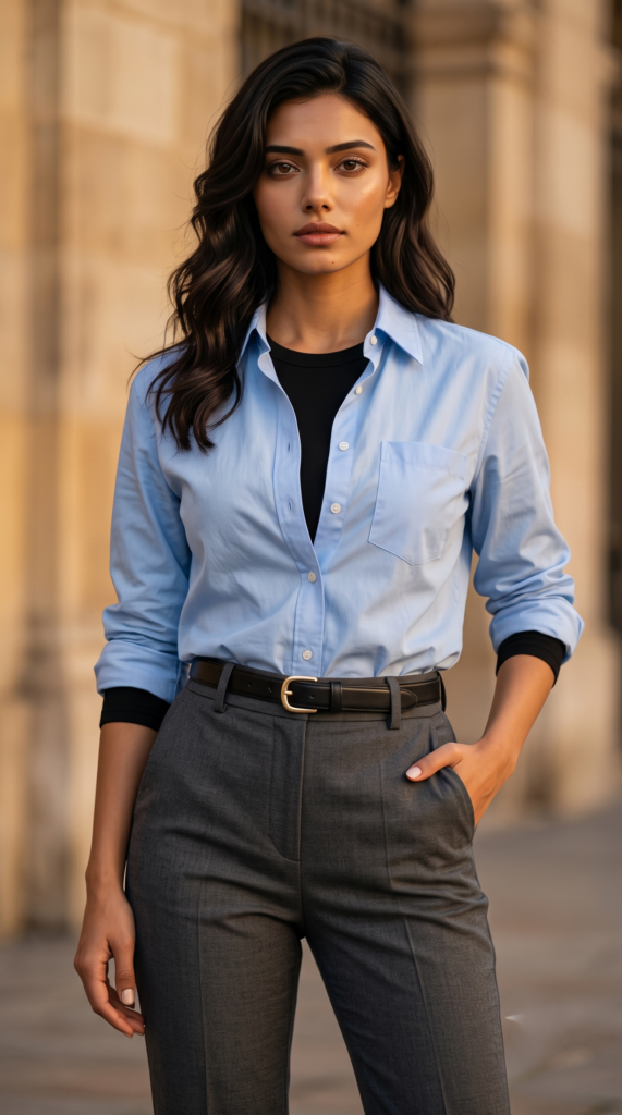Kia wearing base outfit for capsule wardrobe with light blue shirt