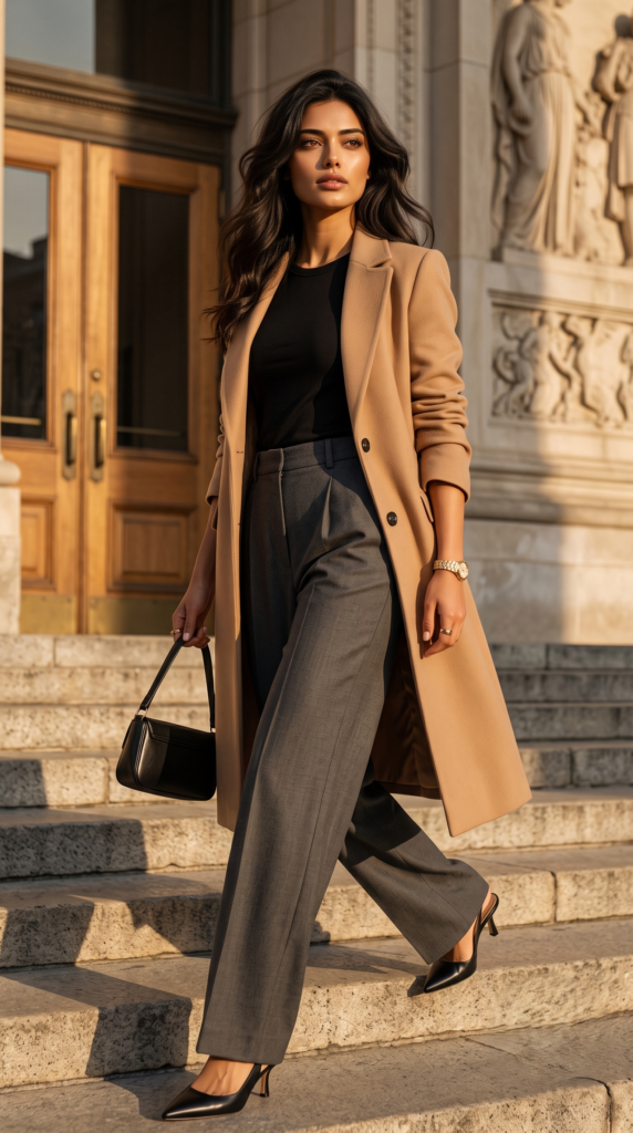Kia wearing base outfit for capsule wardrobe with camel coat