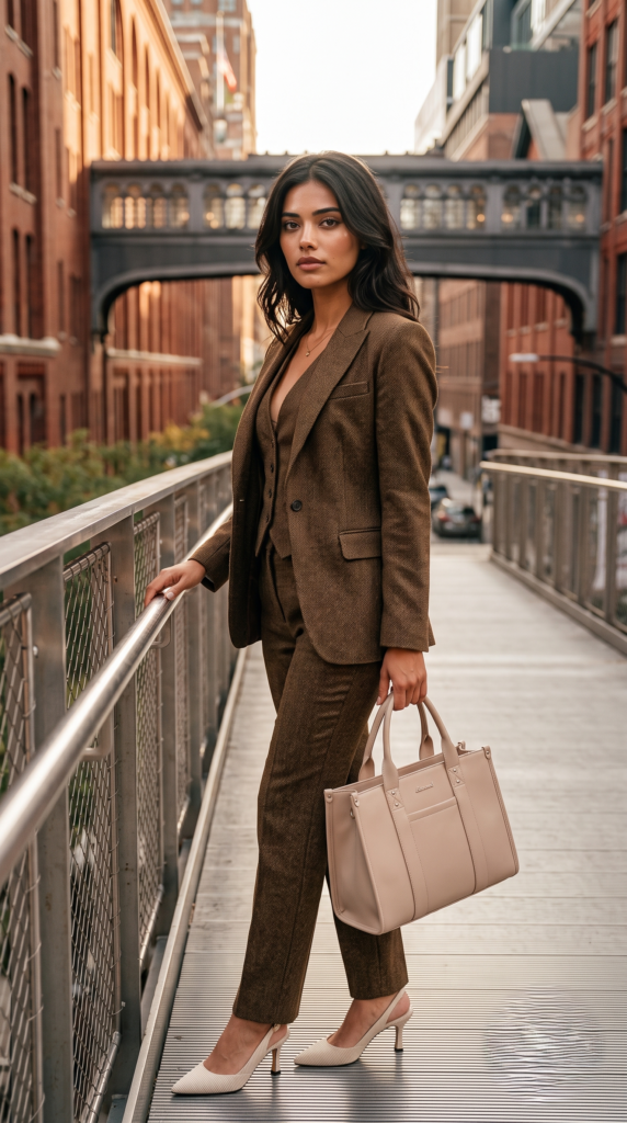 Kia wearing a 3 piece suit standing on high line bridge New York. quite luxury office outfit. 