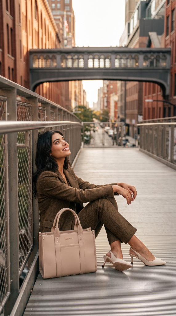 Kia wearing a 3 piece suit sitting on high line bridge New York. quite luxury office outfit. 