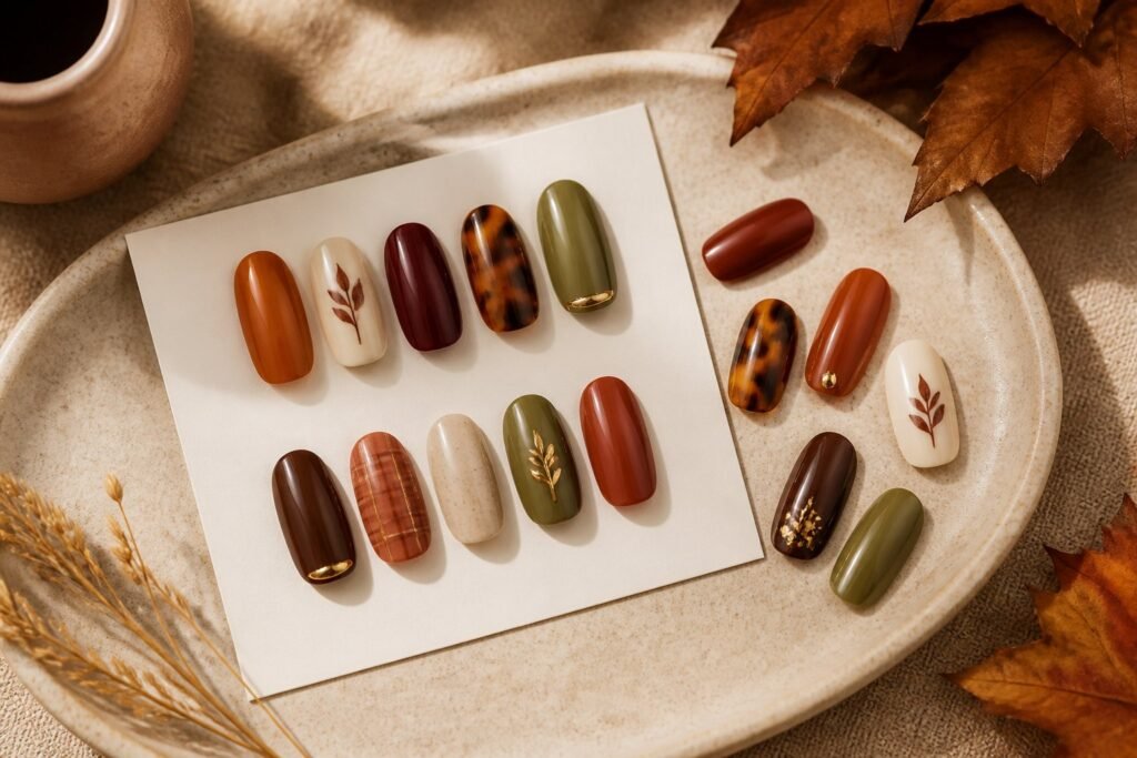A collection of autumn-colored press-on nails arranged on a neutral surface.