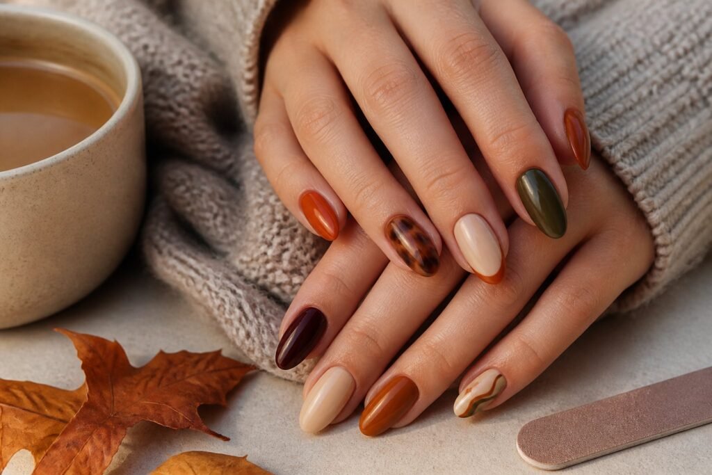 Hands with coordinated autumn-colored press-on nails resting beside a coffee cup, knit fabric, and dried leaves.